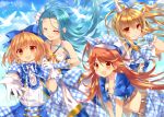 4girls belt bird blonde_hair blue_hair blue_sky bow breasts brown_eyes brown_hair cleavage closed_eyes clouds crop_top djeeta_(granblue_fantasy) elbow_gloves fang gloves granblue_fantasy hair_bow hat jin_rikuri kozakura_mary long_hair looking_at_viewer lyria_(granblue_fantasy) mary_(granblue_fantasy) midriff multiple_girls open_mouth outstretched_hand ponytail puffy_short_sleeves puffy_sleeves sash shirt short_sleeves skirt sky sleeveless sleeveless_shirt smile very_long_hair vira white_gloves wind yellow_eyes 