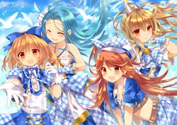  4girls belt bird blonde_hair blue_hair blue_sky bow breasts brown_eyes brown_hair cleavage closed_eyes clouds crop_top djeeta_(granblue_fantasy) elbow_gloves fang gloves granblue_fantasy hair_bow hat jin_rikuri kozakura_mary long_hair looking_at_viewer lyria_(granblue_fantasy) mary_(granblue_fantasy) midriff multiple_girls open_mouth outstretched_hand ponytail puffy_short_sleeves puffy_sleeves sash shirt short_sleeves skirt sky sleeveless sleeveless_shirt smile very_long_hair vira white_gloves wind yellow_eyes 