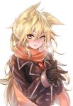  1girl absurdres animal_ears blonde_hair blush coat dio_uryyy gloves highres long_hair looking_at_viewer necktie original scarf smile solo very_long_hair white_background yellow_eyes 