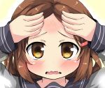  1girl blush brown_eyes brown_hair close-up commentary fang forehead hair_ornament hairclip hands_in_hair highres ikazuchi_(kantai_collection) kantai_collection looking_at_viewer open_mouth oshiruko_(uminekotei) school_uniform serafuku short_hair solo tears wavy_mouth 