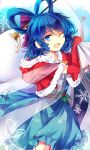  1girl ;d adapted_costume bag blue_dress blue_eyes blue_hair bow capelet dress elbow_gloves gloves hair_bow hair_ornament hair_rings hair_stick heart hood_down kaku_seiga kutsuki_kai looking_at_viewer one_eye_closed open_mouth over_shoulder red_gloves santa_costume sash shawl smile solo touhou 