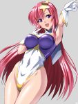  1girl :d armpits blush breasts covered_navel gloves grey_background groin gundam gundam_seed gundam_seed_destiny hair_ornament highleg highleg_leotard large_breasts leotard long_hair meer_campbell open_mouth outstretched_arm pink_hair sen_(sansui) shiny shiny_clothes shiny_hair simple_background smile solo star_hair_ornament v violet_eyes 
