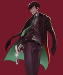  1boy bangs belt black_hair blood bloody_clothes cigarette collared_shirt contrapposto finger_on_trigger formal green_necktie gun handgun holding_gun holding_weapon jacket_on_shoulders long_coat long_sleeves looking_at_viewer male_focus matsuno_choromatsu matsuoka_(ajagaga) mouth_hold osomatsu-kun osomatsu-san pants red_background shirt simple_background solo suit weapon white_shirt 