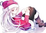  1girl albino black_legwear christmas commentary_request expressionless haegiwa hat long_hair looking_at_viewer original pantyhose red_eyes santa_costume santa_hat simple_background solo white_background white_hair 