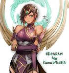  1girl armor artist_request bare_shoulders blush breasts brown_hair cowboy_shot dress elbow_gloves fingerless_gloves gloves green_eyes hair_tubes injury karma_(league_of_legends) league_of_legends looking_at_viewer magic one_eye_closed purple_dress short_hair sidelocks simple_background tiara torn_clothes underbust white_background wince 