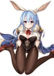  1girl animal_ears blue_cape blue_hair blush bow bowtie braid breast_suppress breasts bunnysuit cleavage collar detached_collar fake_animal_ears french_braid fur_cape fur_gloves fur_trim gloves granblue_fantasy hair_between_eyes hands_on_breasts harimoji high_heels knees_together_feet_apart leotard long_hair pantyhose rabbit_ears red_bow red_bowtie red_shoes shoes shoulder_pads sidelocks sitting solo therese_(granblue_fantasy) thigh_gap violet_eyes wariza wavy_mouth white_gloves 