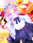  &gt;_&lt; 1girl ^_^ alternate_costume cake closed_eyes dessert food furomaaju_(fromage) hat highres hitodama japanese_clothes kimono kimono_skirt konpaku_youmu_(ghost) obi open_mouth pancake pink_hair saigyouji_yuyuko sash short_hair smile touhou triangular_headpiece waitress 