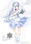  1girl blue_eyes boots dress german long_hair mutsumi_masato ponytail rapier rwby scar side_ponytail solo sword translated weapon weiss_schnee white_hair zoom_layer 
