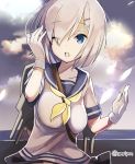  1girl amripo blue_eyes breasts commentary_request gloves hair_ornament hair_over_one_eye hairclip hamakaze_(kantai_collection) kantai_collection large_breasts looking_at_viewer open_mouth school_uniform serafuku short_hair silver_hair solo white_gloves white_hair 