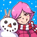  1girl ;q akairiot blue_background blush brown_eyes coat doubutsu_no_mori looking_at_viewer lowres one_eye_closed pink_hair scarf short_hair simple_background smile snowing snowman solo striped striped_scarf super_smash_bros. tongue tongue_out v villager_(doubutsu_no_mori) winter_clothes winter_coat 