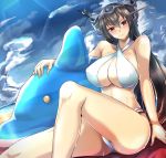  &gt;:) 1girl arm_support bare_shoulders beach bikini black_hair blush breasts cleavage commentary_request criss-cross_halter dolphin hairband halter_top halterneck headgear kantai_collection knee_up kumakichi_(cost-lost) long_hair looking_at_viewer nagato_(kantai_collection) panties pantyshot red_eyes smile solo swimsuit underwear wet white_bikini white_swimsuit 