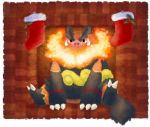  christmas_stocking emboar fireplace flame fuzziestdrawings looking_at_viewer no_humans pokemon pokemon_(creature) red_eyes sitting smile 