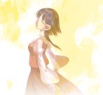  1girl alternate_hair_length alternate_hairstyle bangs brown_hair closed_eyes detached_sleeves frilled_collar from_side hair_tubes hakurei_reimu japanese_clothes kyuu_umi miko parted_lips red_skirt sarashi short_hair_with_long_locks skirt skirt_set solo touhou yellow_background 