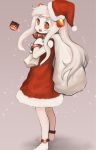  1girl :d alternate_costume brown_eyes enemy_aircraft_(kantai_collection) hachachi highres horns kantai_collection long_hair looking_at_viewer mittens northern_ocean_hime open_mouth santa_costume shinkaisei-kan smile sparkle white_hair white_skin 