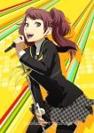  1girl atlus brown_eyes brown_hair daniel_macgregor deviantart deviantart_username earrings jewelry kujikawa_rise megami_tensei microphone persona persona_4 school_uniform singing solo thigh-highs turtleneck twintails 