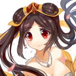  1girl breasts brown_hair cleavage earrings guqin_sona huayue jewelry league_of_legends long_hair necklace red_eyes smile sona_buvelle twintails white_background 