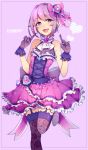  1girl :d absurdres aooni brown_eyes floral_print gloves hair_ornament hairclip highres idolmaster idolmaster_cinderella_girls idolmaster_cinderella_girls_starlight_stage koshimizu_sachiko looking_at_viewer open_mouth print_gloves print_legwear purple_hair short_hair smile solo thigh-highs 