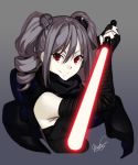  1girl 2015 darksider_(star_wars) drill_hair energy_sword idolmaster idolmaster_cinderella_girls kanzaki_ranko lightsaber long_hair looking_at_viewer maco red_eyes science_fiction signature silver_hair sith smile solo star_wars sword twin_drills twintails weapon 