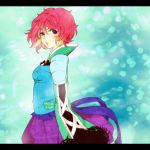  1girl aqua_background blue_ribbon earrings from_side fur_trim harold_berselius jewelry letterboxed pink_hair puckered_lips purple_skirt redhead ribbon sakio_(sk_aio) short_hair skirt solo tales_of_(series) tales_of_destiny_2 violet_eyes wide_sleeves 
