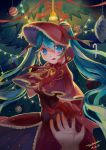  1girl blue_eyes blue_hair christmas gloves hat holding_hands huayue league_of_legends long_hair red_gloves silent_night_sona sona_buvelle twintails 