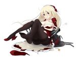  1girl adapted_costume atago_(kantai_collection) black_legwear blonde_hair blue_eyes blush breasts christmas cleavage feet hat high_heels kantai_collection large_breasts long_hair looking_at_viewer magicxiang pantyhose santa_costume santa_hat simple_background single_shoe smile solo thighband_pantyhose torn_clothes torn_pantyhose 