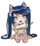  1girl :d absurdres albireo_(yumekui_merry) animal_ears bandages bandeau belt blue_hair blush_stickers brown_gloves brown_legwear cat_ears cat_tail chibi collar cototiworld elbow_gloves fangs fur-trimmed_legwear fur_trim gloves green_eyes highres long_hair looking_at_viewer marker_(medium) open_mouth panties pantyshot simple_background sitting slit_pupils smile solo tail thigh-highs traditional_media twintails underwear very_long_hair wariza white_background white_panties yumekui_merry 