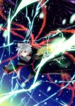  belt black_pants coat electricity fire flying lightning_bolt long_sleeves lucifer magic outstretched_arms pants pointy_ears red_eyes silver_hair sky space sparkle star_(sky) star_ocean star_ocean_the_second_story starry_sky 