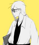  1girl blush glasses hanatsuduki long_hair low_ponytail monochrome naruto naruto_shippuuden shiho_(naruto) simple_background solo yellow_background 