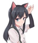  1girl animal_ears arm_warmers asashio_(kantai_collection) black_hair blue_eyes blush cat_ears close-up commentary_request face fake_animal_ears kantai_collection konnyaku_(kk-monmon) long_hair looking_at_viewer school_uniform shirt simple_background solo suspenders upper_body white_background 