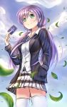  1girl card female green_eyes highres i.f.s.f long_hair love_live!_school_idol_project purple_hair school_uniform smile solo thigh-highs toujou_nozomi twintails 