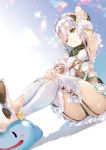  1girl arm_up armpits atelier_(series) atelier_sophie crossed_legs garter_straps green_eyes hand_on_own_knee official_art one_eye_closed parted_lips plachta puni_(atelier) solo white_hair yuugen 