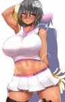  1girl bare_shoulders black_hair breasts cheerleader dark_skin highres huge_breasts original raised_eyebrows skirt solo souma_(ordures) sweat third_eye 