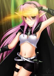  1girl belt black_shorts breasts cleavage detached_sleeves elf highres long_hair magic navel pink_hair pointy_ears ricegnat shorts solo violet_eyes 