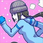  1girl akairiot beanie blue_gloves brown_hair gloves hat hoodie long_hair lowres pink_background ponytail running simple_background solo super_smash_bros. white_skin wii_fit wii_fit_trainer 