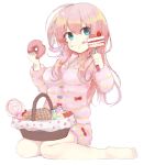  1girl absurdres cake candy doughnut food green_eyes highres kou_mashiro long_hair pink_hair simple_background sitting smile solo wariza white_background 