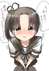  1girl ayanami_(kantai_collection) blurry blush brown_eyes brown_hair brown_skirt check_translation collarbone commentary_request depth_of_field hair_ornament hair_ribbon highres kantai_collection long_hair looking_at_viewer looking_up open_mouth pentagon_(railgun_ky1206) ponytail ribbon school_uniform serafuku short_sleeves side_ponytail simple_background skirt solo standing translation_request trembling uniform v_arms white_background 