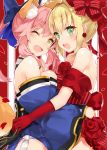  2girls animal_ears bare_shoulders blonde_hair blush bow breasts caster_(fate/extra) fate_(series) gloves green_eyes hair_bow hug kou_mashiro long_hair looking_at_viewer multiple_girls one_eye_closed open_mouth pink_hair red_gloves saber_extra smile tail 