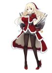  1girl adapted_costume atago_(kantai_collection) black_legwear blonde_hair blue_eyes blush breasts christmas cleavage hat kantai_collection large_breasts long_hair looking_at_viewer magicxiang open_mouth pantyhose santa_costume santa_hat simple_background smile solo thighband_pantyhose 