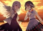  2girls anger_vein angry black_hair bracelet dress horns jacket jewelry kijin_seija kishin_sagume multicolored_hair multiple_girls pointing pointing_at_self puffy_short_sleeves puffy_sleeves red_eyes redhead short_hair short_sleeves single_wing streaked_hair touhou trait_connection white_hair wings you_hashira 