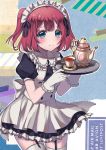  1girl apron aqua_eyes black_tea blush commentary_request cup fuyuzima garter_straps gloves highres kurosawa_ruby love_live! love_live!_sunshine!! maid maid_headdress redhead short_hair skirt smile solo teacup teapot thigh-highs tray twintails two_side_up white_gloves white_legwear 