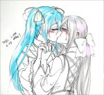  2girls aqua_eyes aqua_hair aqua_nails bow closed_eyes hair_bow happy_tears hatsune_miku holding_hands interlocked_fingers kiss long_hair multiple_girls nail_polish rooomi shiro_no_musume_(vocaloid) silver_hair tears twintails very_long_hair vocaloid yowane_haku yuri 