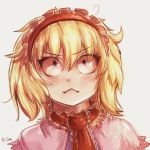  &gt;:&lt; 1girl :&lt; alice_margatroid blonde_hair blue_eyes blush capelet commentary face fly-gray frilled_collar grey_background hairband highres looking_up necktie red_necktie short_hair simple_background solo touhou triangle_mouth upper_body 