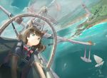  1girl airplane boat clouds cockpit flying green_eyes highres itodome lighthouse pilot piloting propeller safety_belt seaplane seaside short_hair sky smile solo tree water 