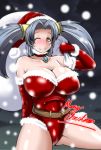  1girl blue_hair breasts brown_eyes christmas cleavage elbow_gloves gloves granblue_fantasy hair_intakes highres huge_breasts long_hair looking_at_viewer one_eye_closed red_gloves sack smile snow solo sophia_(granblue_fantasy) thighs torii5011 twintails 