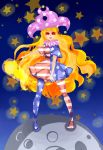  1girl american_flag_legwear american_flag_shirt asymmetrical_clothes asymmetrical_legwear blonde_hair cammie_greene clownpiece colored_eyelashes fairy fire hat jester_cap long_hair looking_at_viewer moon pantyhose planet red_eyes short_sleeves sky solo space standing star striped torch touhou very_long_hair 