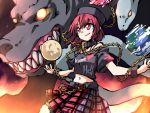  1girl cerberus chain collar earth fangs glowing hat hecatia_lapislazuli hemogurobin_a1c midriff moon navel off_shoulder outstretched_arms red_eyes redhead shirt skirt snake solo touhou wrist_cuffs 