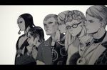  6+boys curly_hair formaggio ghiaccio glasses greyscale hand_on_own_chin hat illuso jacket jewelry jojo_no_kimyou_na_bouken letterboxed long_hair male_focus mask melone monochrome multiple_boys necklace pesci prosciutto risotto_nero toshiki 