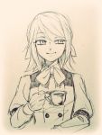  1girl chaban_capriccio_(vocaloid) cup gloves graphite_(medium) hair_ribbon kagamine_rin monochrome ribbon rooomi short_hair short_ponytail solo tea traditional_media vocaloid waitress 