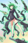  1girl aqua_eyes bangs black_dress blush closed_mouth covered_navel dress flats flipped_hair floating floating_object frown full_body gradient gradient_background green_hair gun highres legs_apart long_sleeves nyan_(themare) onepunch_man rifle short_hair solo tatsumaki telekinesis too_many too_many_weapons weapon 