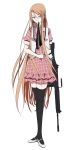  1girl absurdres akuma_no_riddle battle_rifle black_legwear black_ribbon blue_eyes brown_hair fn_fal gun hanabusa_0813 hanabusa_sumireko highres holding_gun holding_weapon long_hair mouth_hold ribbon ribbon_in_mouth rifle simple_background solo thigh-highs very_long_hair weapon white_background 